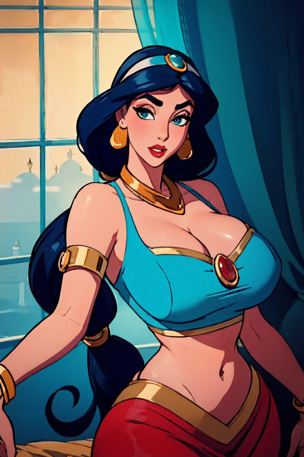 (masterpiece:1.2), (high detailed skin:1.1), ( high quality:1.1),  jasmine,  arabian clothes,  eyes,  multi-tied hair,  low-tied long hair,  very long hair,  thick eyebrows,  necklace,  bracelet,  big hair,  blue shirt,  red lips,  hairband,  makeup,  aqua belly dancer outfit,  jewlery, midriff,  (huge breast,  curvy:1.1),  (looking at viewer:1.1),  (ambient lighting:1.1),  Arabian palace, jasmine,<lora:EMS-272567-EMS:0.700000>