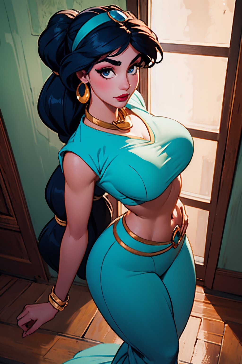 (masterpiece:1.2), (high detailed skin:1.1), ( high quality:1.1),  jasmine,  arabian clothes,  eyes,  multi-tied hair,  low-tied long hair,  very long hair,  thick eyebrows,  necklace,  bracelet,  big hair,  blue shirt,  red lips,  hairband,  makeup,  aqua belly dancer outfit,  jewlery, midriff,  (huge breast,  curvy:1.1),  (looking at viewer,  standing,  from above:1.1),  (ambient lighting:1.1),  Arabian palace, jasmine,<lora:EMS-272567-EMS:0.700000>