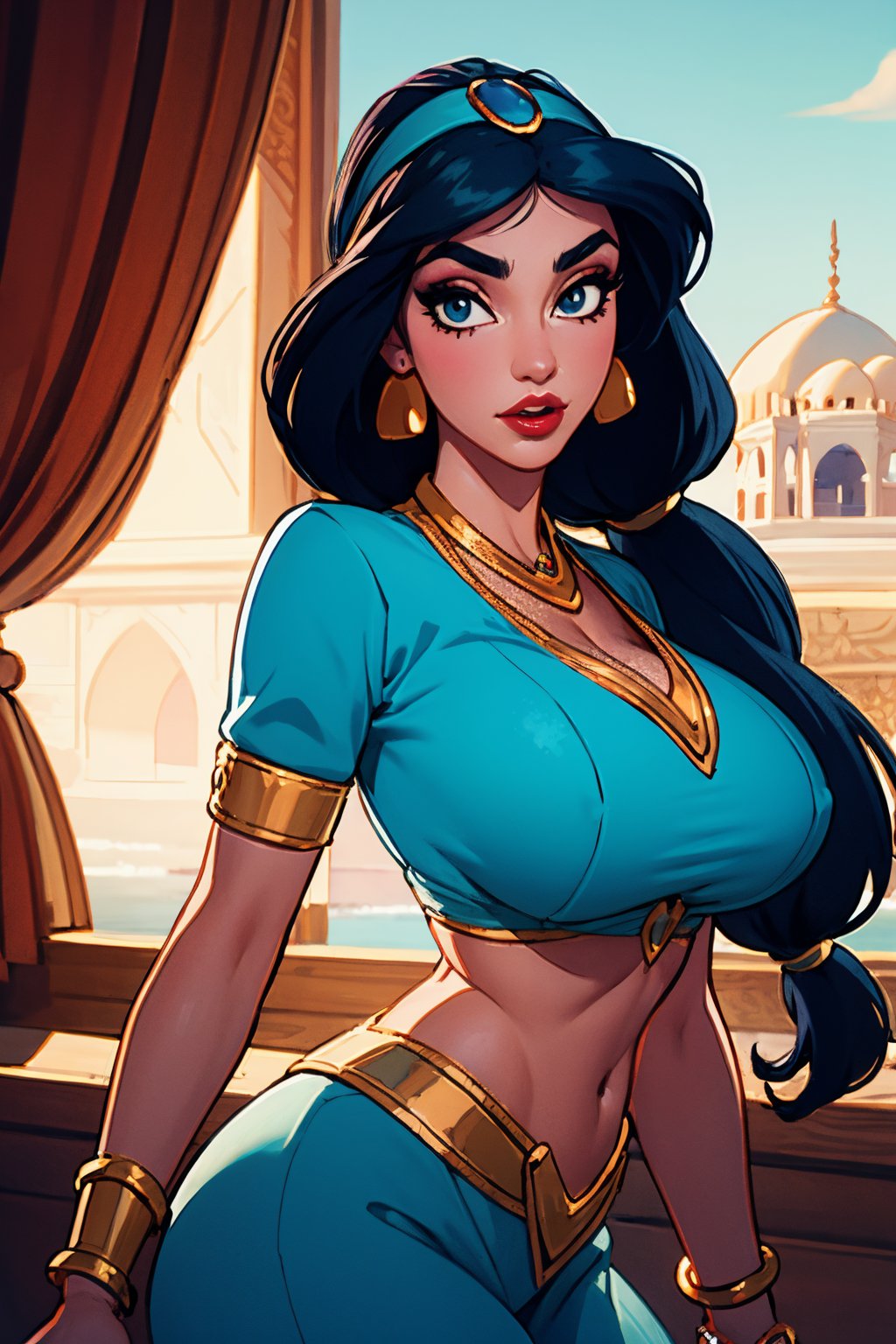 (masterpiece:1.2), (high detailed skin:1.1), ( high quality:1.1),  jasmine,  arabian clothes,  eyes,  multi-tied hair,  low-tied long hair,  very long hair,  thick eyebrows,  necklace,  bracelet,  big hair,  blue shirt,  red lips,  hairband,  makeup,  aqua belly dancer outfit,  jewlery, midriff,  (huge breast,  curvy:1.1),  (looking at viewer:1.1),  (ambient lighting:1.1),  Arabian palace, jasmine,<lora:EMS-272567-EMS:0.700000>