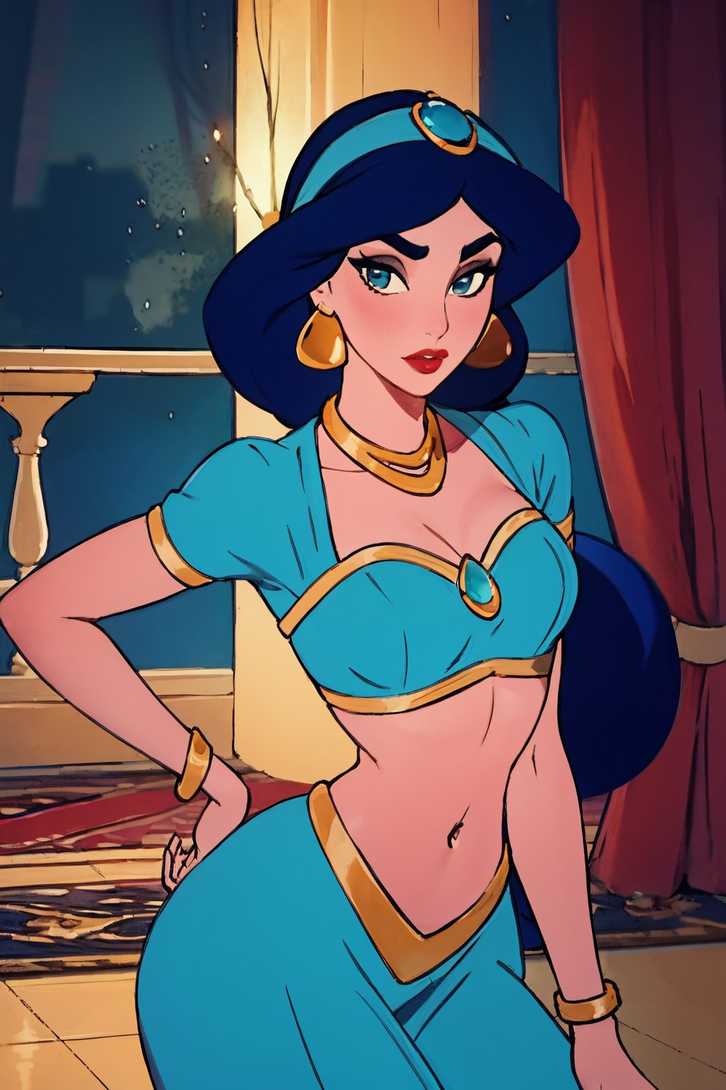 (masterpiece:1.2), (high detailed skin:1.1), ( high quality:1.1),  jasmine,  arabian clothes,  eyes,  multi-tied hair,  low-tied long hair,  very long hair,  thick eyebrows,  necklace,  bracelet,  big hair,  blue shirt,  red lips,  hairband,  makeup,  aqua belly dancer outfit,  jewlery, midriff,  (medium breasts,  curvy:1.1),  (looking at viewer:1.1),  (ambient lighting:1.1),  Arabian palace, jasmine,<lora:EMS-272567-EMS:0.700000>