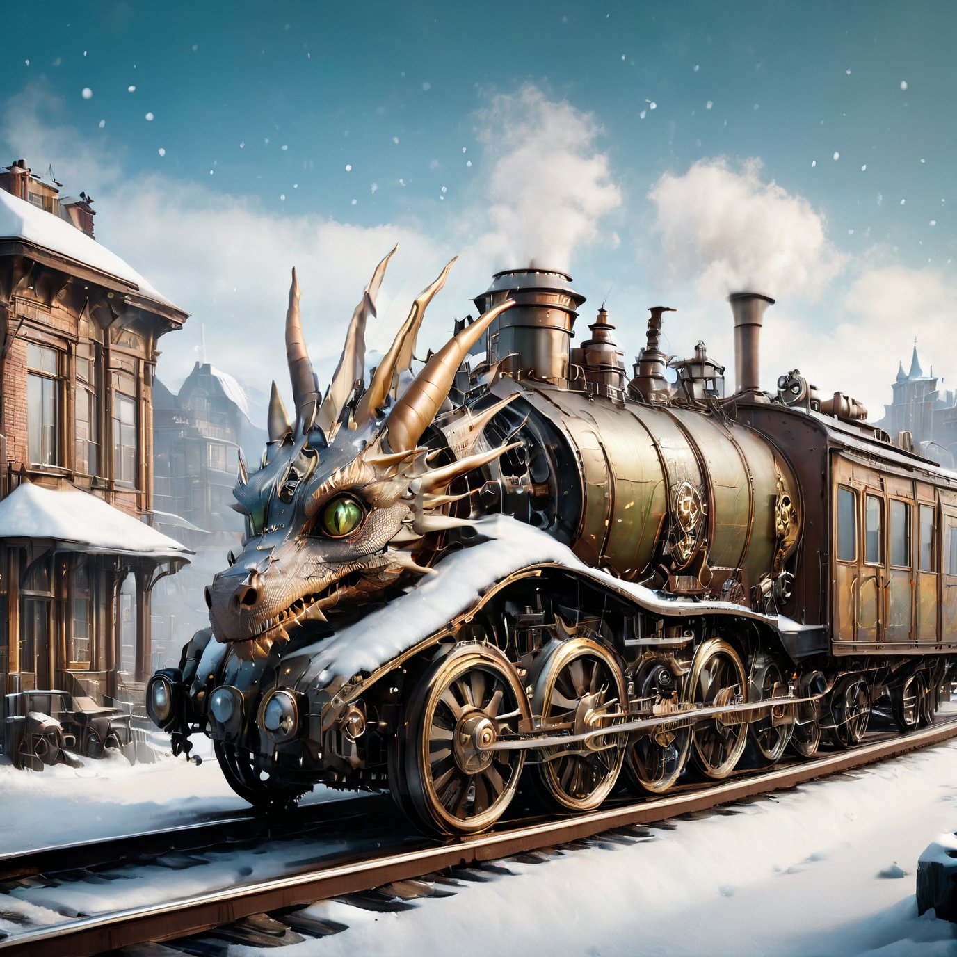 realistic photo of dragon train,a steampunk style,(masterpiece),(best quality),wheels, dragon train on railroads ,steam ,falling snow,snow scenery, post-apocalyptic world,steam punk city background,buildings background,wide angle:1.5,dragon train,ste4mpunk,WINTER