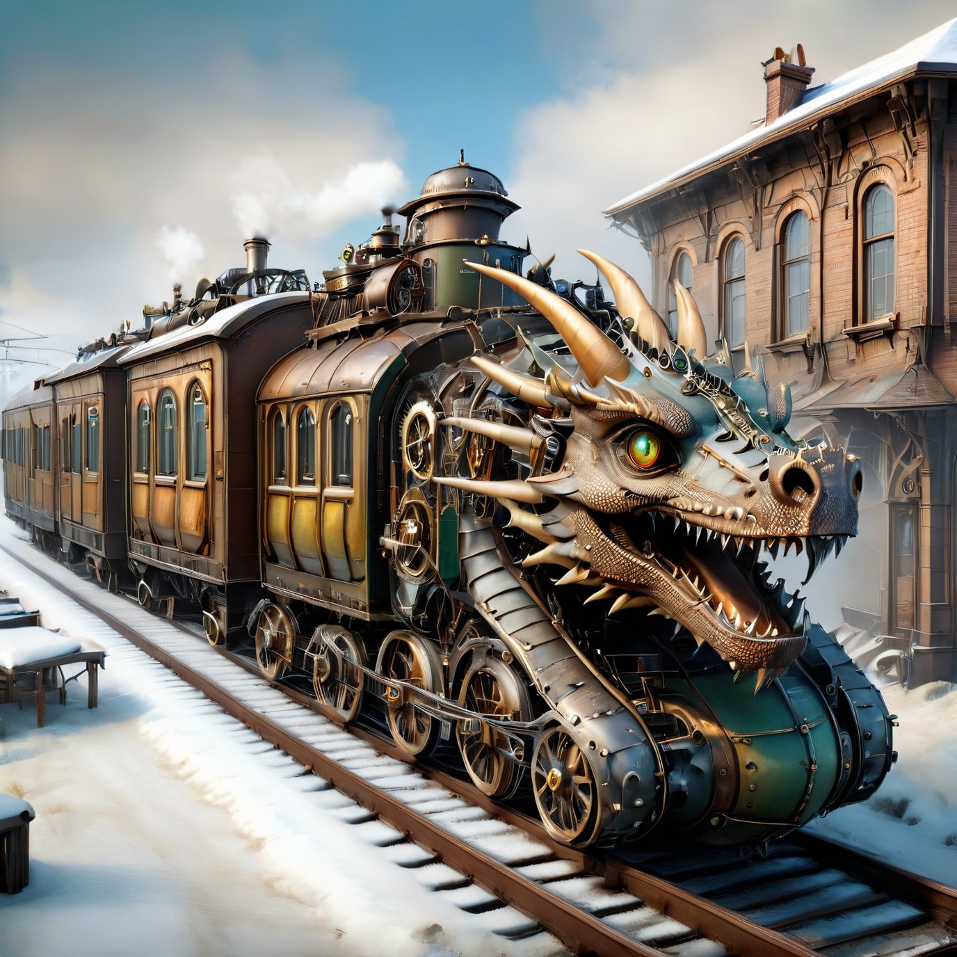 realistic photo of dragon train,a steampunk style,(masterpiece),(best quality),wheels, dragon train on railroads ,steam ,falling snow,snow scenery, post-apocalyptic world,steam punk city background,buildings background,wide angle:1.5,dragon train,ste4mpunk