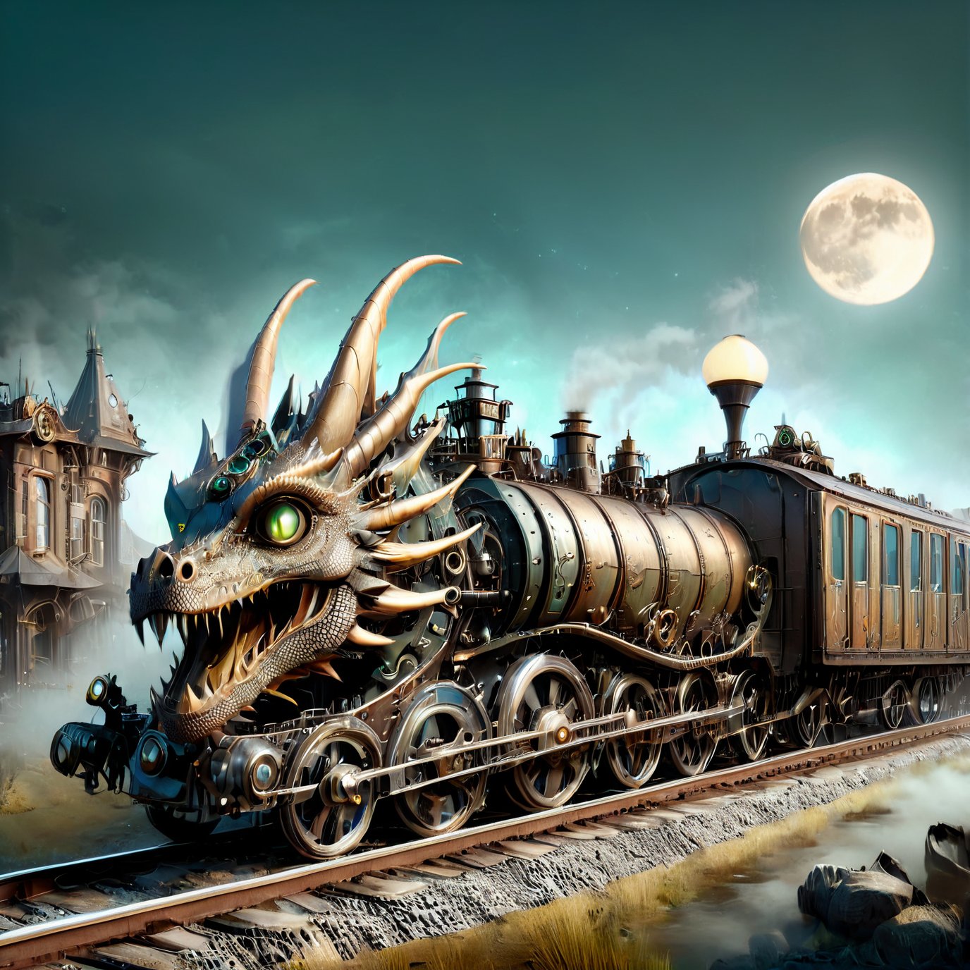 night time,realistic photo of dragon train,a steampunk style,(masterpiece),(best quality),wheels, dragon train on railroads ,steam ,moon night,perfect lighting, post-apocalyptic world,steampunk station background,buildings background,wide angle:1.5,dragon train,ste4mpunk city background,donmcr33pyn1ghtm4r3xl  