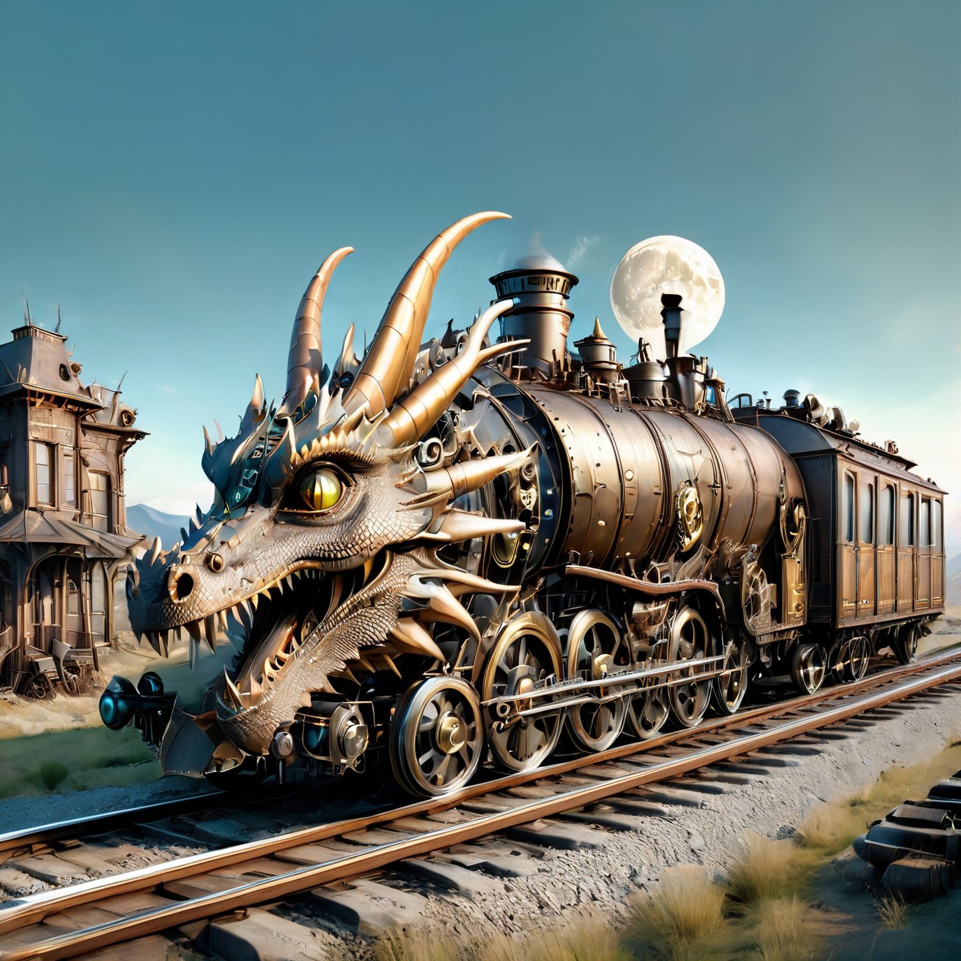 realistic photo of dragon train,a steampunk style,(masterpiece),(best quality),wheels, dragon train on railroads ,steam ,moon night,perfect lighting, post-apocalyptic world,steampunk station background,buildings background,wide angle:1.5,dragon train,ste4mpunk