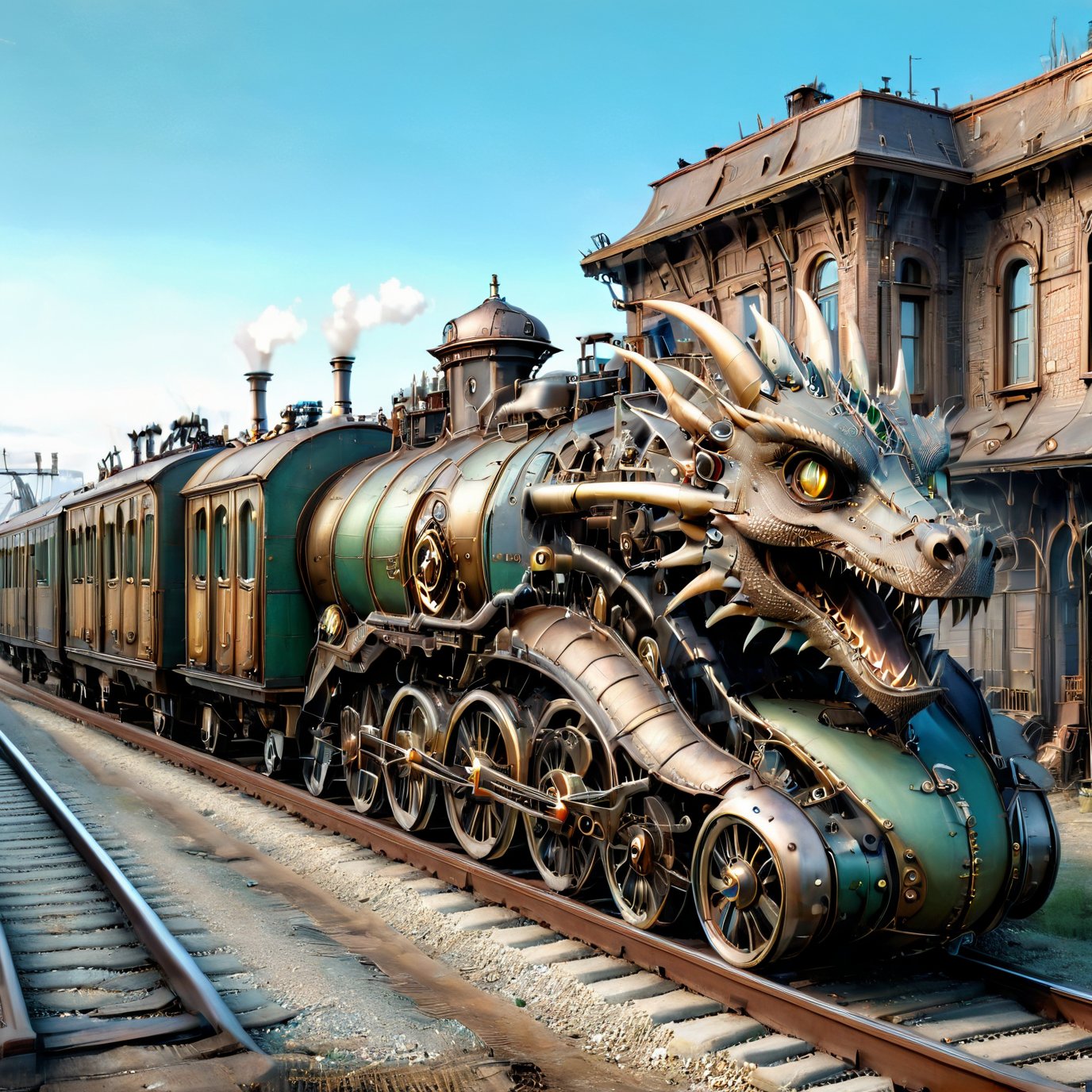 night time,realistic photo of dragon train,a steampunk style,(masterpiece),(best quality),wheels, dragon train on railroads ,steam ,moon night,perfect lighting, post-apocalyptic world,steampunk station background,buildings background,wide angle:1.5,dragon train,ste4mpunk