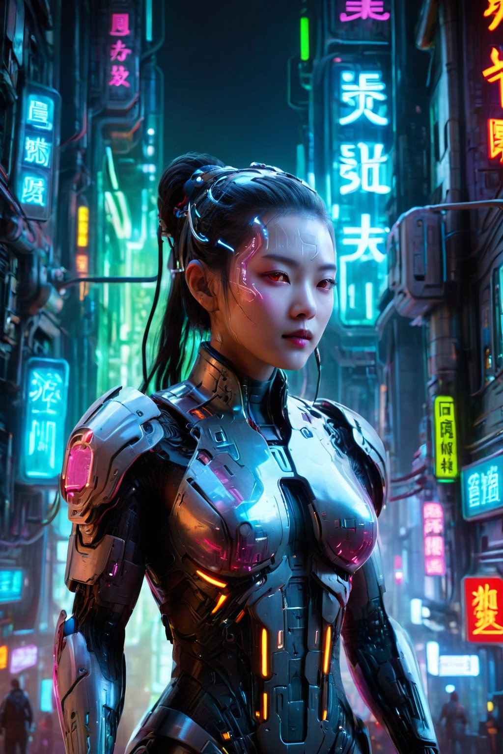 Mech-suited girl navigating through cyberpunk metropolis, glowing neon signs, (masterpiece:2), vivid details, high contrast, sprawling cityscape, Chinese Dragon, 