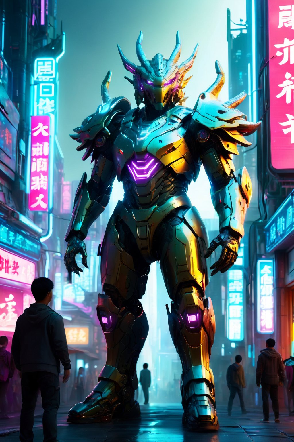 (Full body:1.5), Futuristic warrior in city of neon lights and digital billboards, (masterpiece:2), detailed armor design, radiant night, urban exploration, Chinese Dragon, Mecha, 