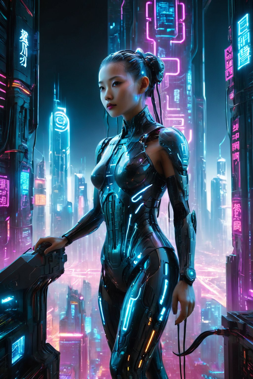 (Full body:1.5), Cybernetic girl amidst neon glow, towering tech skyscrapers, (best quality), high detail, atmospheric lighting, by FuturEvoLab, engaging backdrop, Chinese Dragon, 
