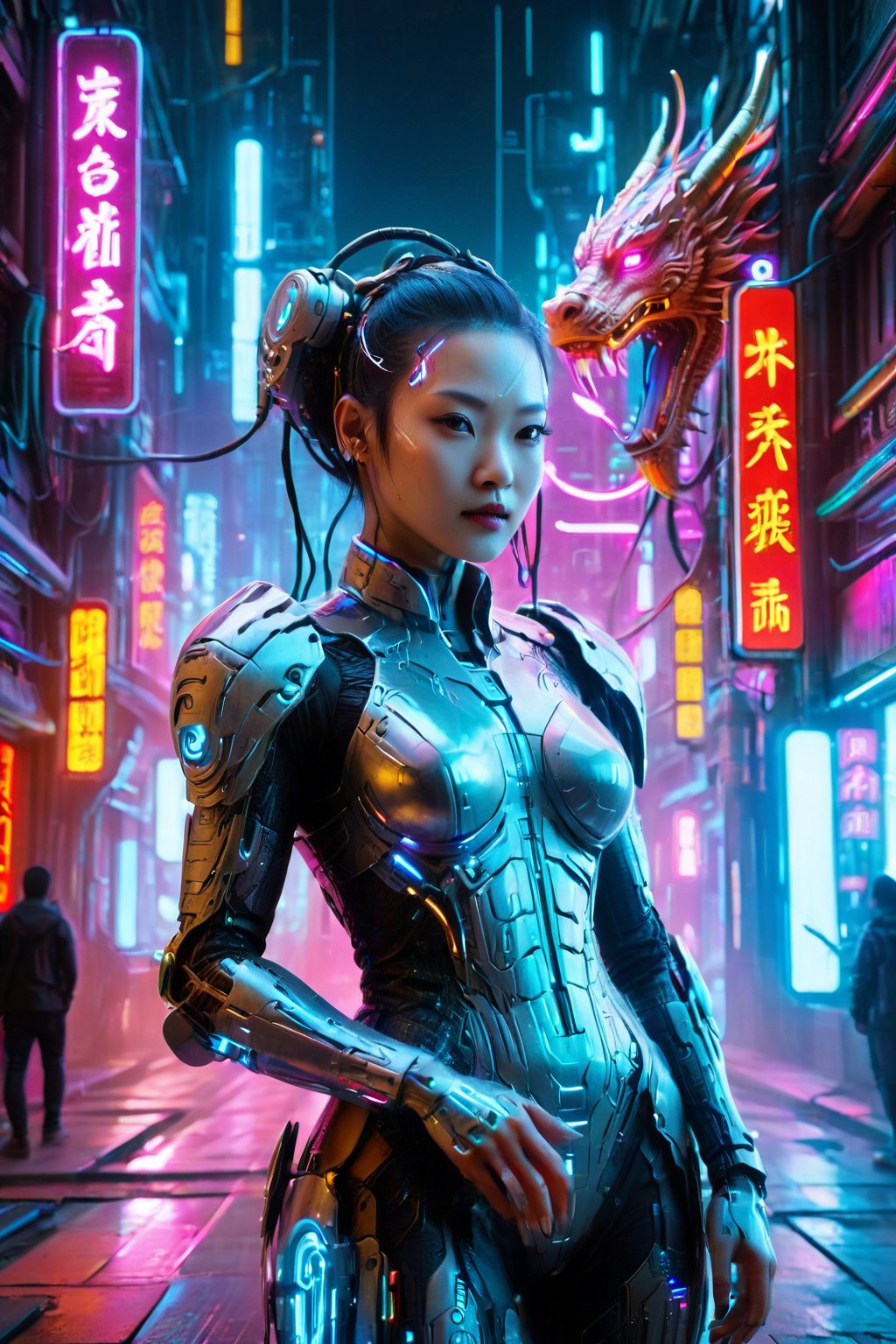 Tech-armored maiden on neon urban avenue, cyberpunk architecture, (ultra detailed), masterpiece quality, electric hues, night scene, Chinese Dragon, 