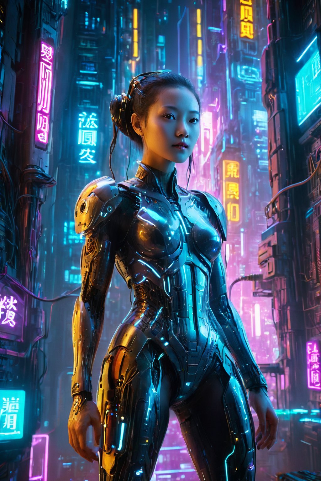 (Full body:1.5), Cybernetic girl amidst neon glow, towering tech skyscrapers, (best quality), high detail, atmospheric lighting, by FuturEvoLab, engaging backdrop, Chinese Dragon, 