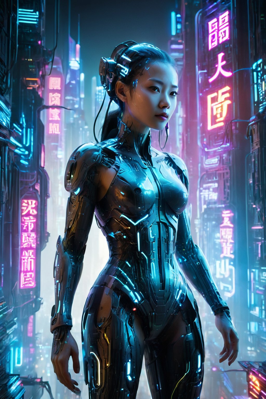 (Full body:1.5), Cybernetic girl amidst neon glow, towering tech skyscrapers, (best quality), high detail, atmospheric lighting, by FuturEvoLab, engaging backdrop, Chinese Dragon, 