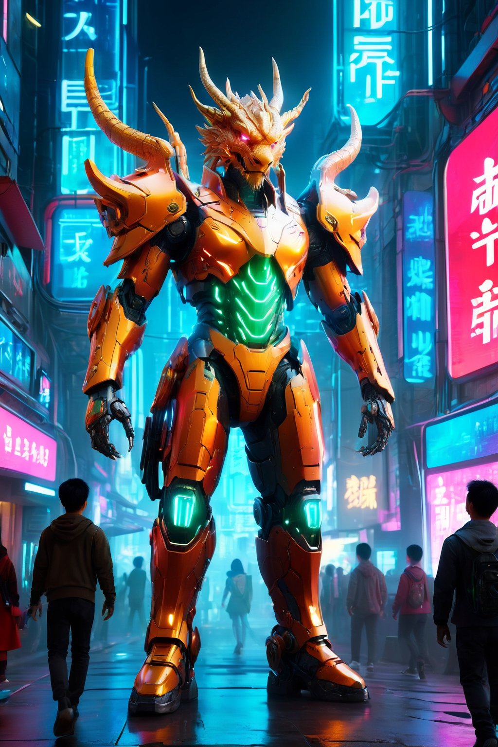 (Full body:1.5), Futuristic warrior in city of neon lights and digital billboards, (masterpiece:2), detailed armor design, radiant night, urban exploration, Chinese Dragon, Mecha, 