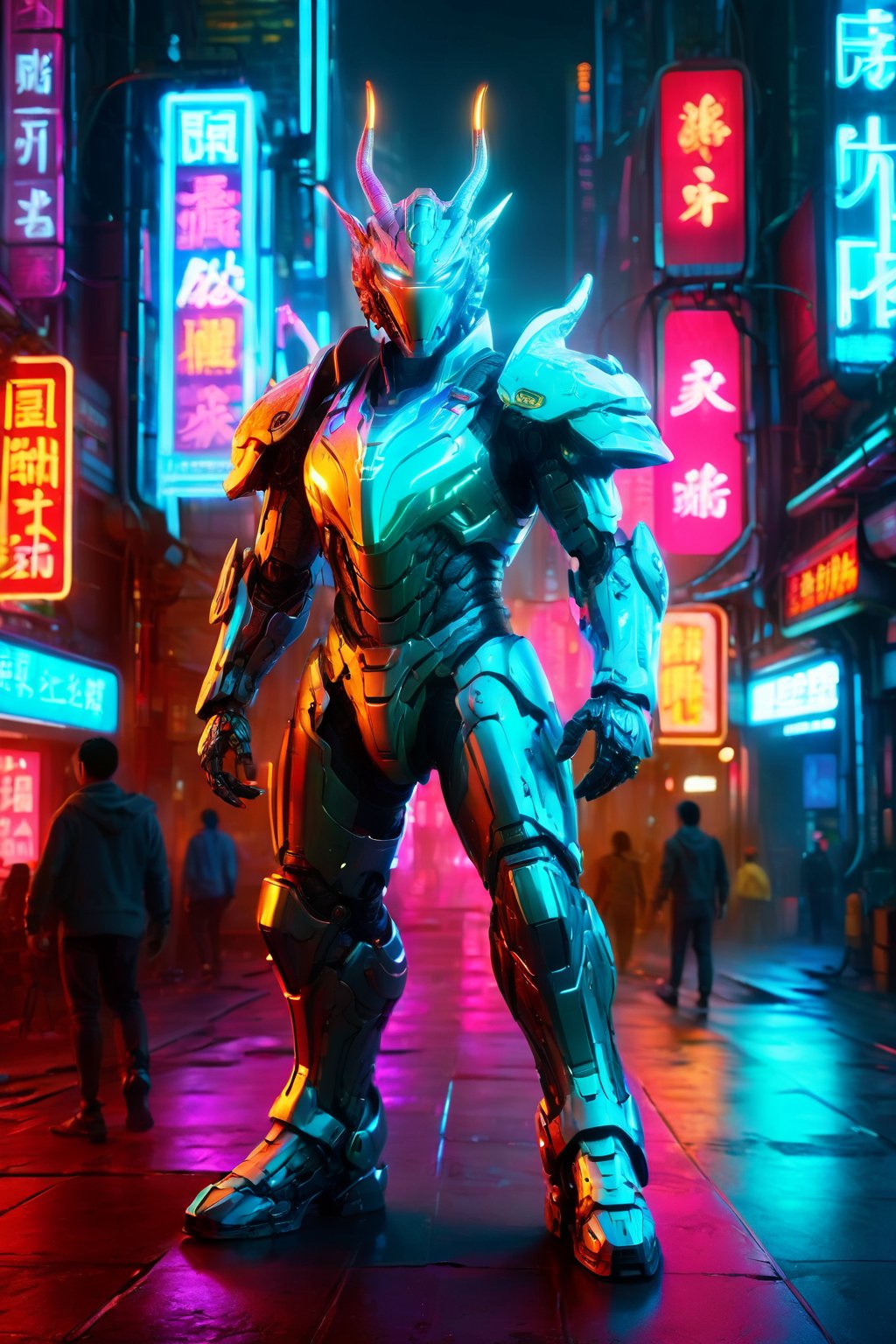 (Full body:1.5), Futuristic warrior in city of neon lights and digital billboards, (masterpiece:2), detailed armor design, radiant night, urban exploration, Chinese Dragon, Mecha, 