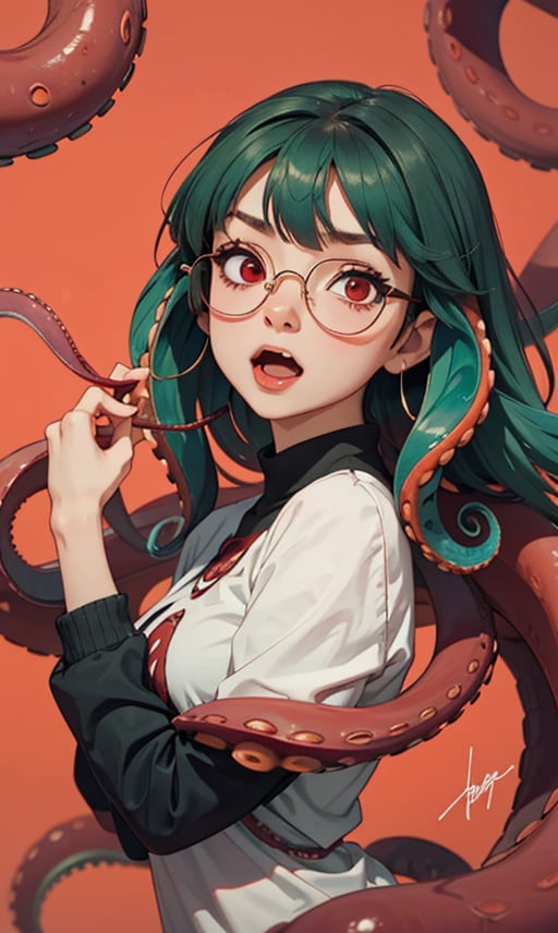 1girl, solo, looking at viewer, open mouth, simple background, red eyes, green hair, glasses, fang, signature, pillow, monster girl, tentacles, round eyewear, suction cups, horizontal pupils, tentacle hair, 