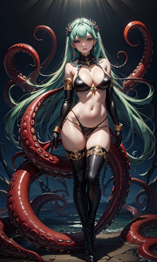1girl, solo, long hair, breasts, looking at viewer, large breasts, thighhighs, navel, cleavage, jewelry, very long hair, swimsuit, full body, bikini, earrings, boots, green hair, elbow gloves, high heels, bracelet, makeup, black bikini, colored skin, thigh boots, lipstick, monster girl, tentacles, colored sclera, tentacle hair, blue skin