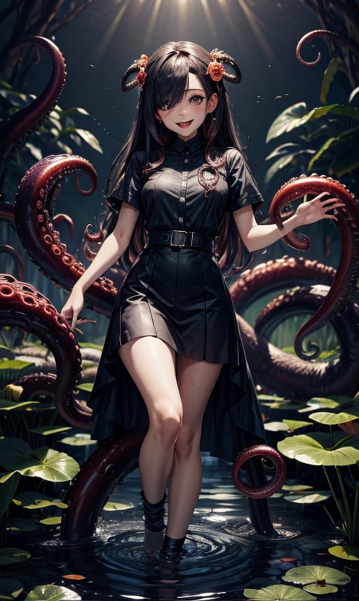 1girl, solo, long hair, breasts, looking at viewer, smile, open mouth, black hair, dress, holding, purple eyes, full body, flower, short sleeves, :d, teeth, artist name, signature, hair over one eye, black dress, fingernails, colored skin, sharp teeth, monster girl, black nails, tentacles,(tentacle hair:1.2), one eye covered, sharp fingernails, grey skin, lily pad