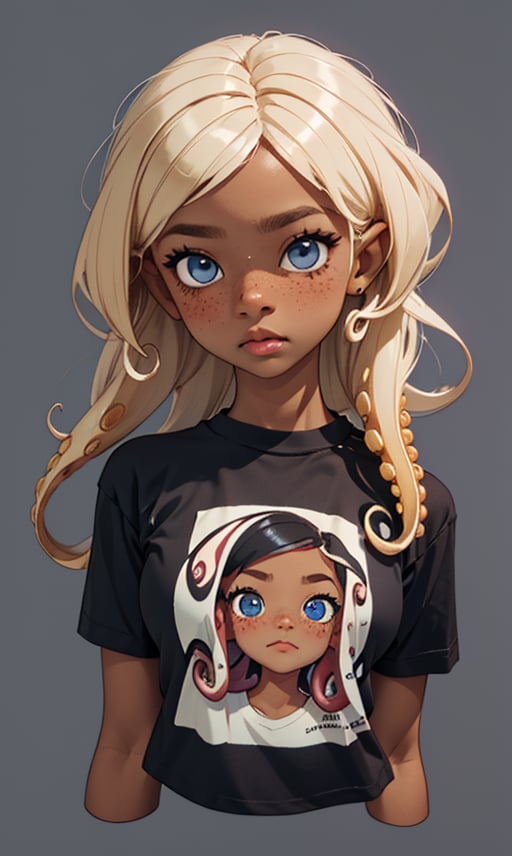 1girl, solo, blush, blue eyes, blonde hair, simple background, shirt, upper body, short sleeves, dark skin, grey background, speech bubble, english text, dark-skinned female, black shirt, t-shirt, freckles, tentacle hair, cropped torso, suction cups, hair twirling, octarian,