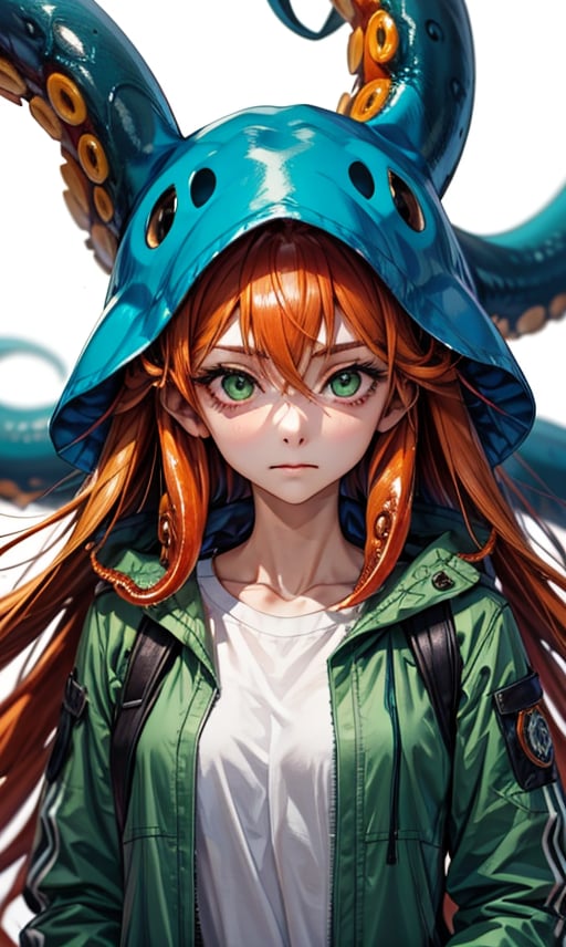 1girl, solo, long hair, looking at viewer, simple background, shirt, white background, hair between eyes, very long hair, closed mouth, green eyes, jacket, white shirt, upper body, orange hair, tentacles, tentacle hair, green jacket