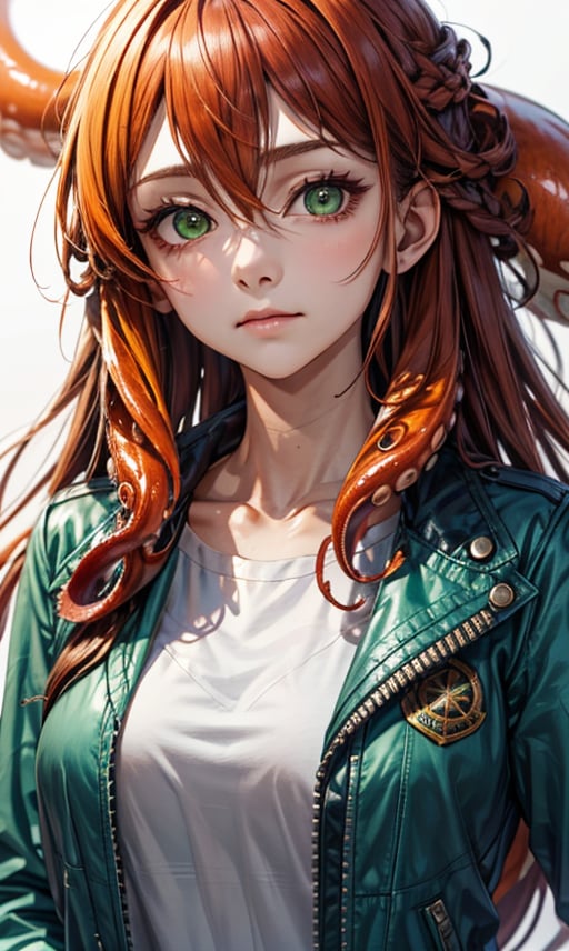 1girl, solo, long hair, looking at viewer, simple background, shirt, white background, hair between eyes, very long hair, closed mouth, green eyes, jacket, white shirt, upper body, orange hair, tentacles, tentacle hair, green jacket