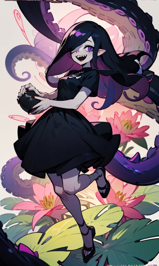 1girl, solo, long hair, breasts, looking at viewer, smile, open mouth, black hair, dress, holding, purple eyes, full body, flower, short sleeves, :d, teeth, artist name, signature, hair over one eye, black dress, fingernails, colored skin, sharp teeth, monster girl, black nails, tentacles,(tentacle hair:1.2), one eye covered, sharp fingernails, grey skin, lily pad,(best quality