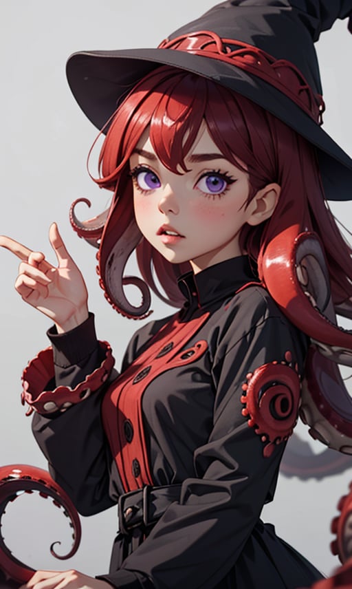 1girl, solo, long hair, looking at viewer, blush, simple background, long sleeves, hat, dress, hair between eyes, purple eyes, upper body, red hair, parted lips, hand up, grey background, black dress, black headwear, witch hat, (tentacles hair:1.2), suction cups,  tentacles, (octarian:1,2)