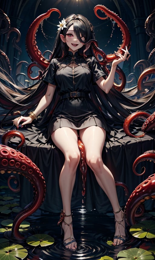 1girl, solo, long hair, breasts, looking at viewer, smile, open mouth, black hair, dress, holding, purple eyes, full body, flower, short sleeves, :d, teeth, artist name, signature, hair over one eye, black dress, fingernails, colored skin, sharp teeth, monster girl, black nails, tentacles, *(tentacle hair:1.2), one eye covered, sharp fingernails, grey skin, lily pad