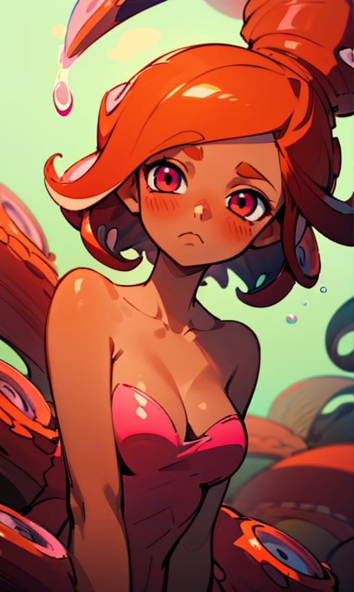 1girl, solo, breasts, blush, simple background, white background, cleavage, medium breasts, closed mouth, collarbone, upper body, nude, red hair, dark skin, medium hair, pink eyes, orange hair, dark-skinned female, :<, partially submerged, tentacle hair, suction cups, octarian