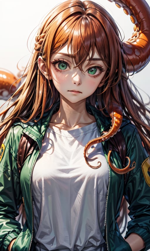 1girl, solo, long hair, looking at viewer, simple background, shirt, white background, hair between eyes, very long hair, closed mouth, green eyes, jacket, white shirt, upper body, orange hair, tentacles, tentacle hair, green jacket