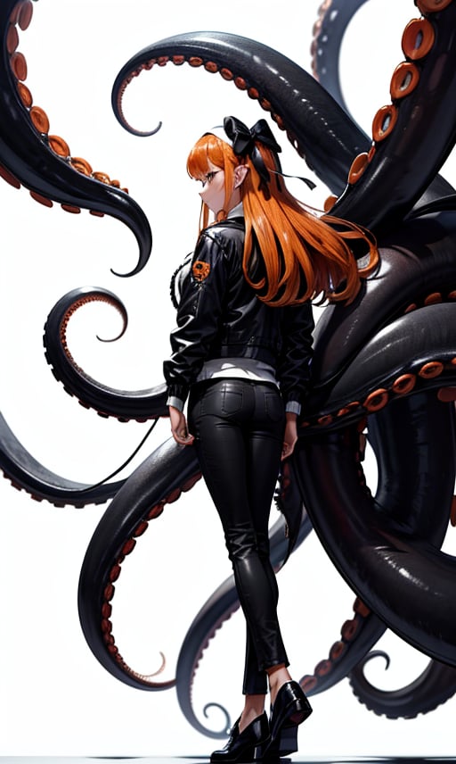 1girl, solo, long hair, simple background, long sleeves, white background, bow, standing, jacket, full body, hair bow, hairband, shoes, pants, from behind, black footwear, orange hair, black jacket, black pants, crossed arms, white bow, tentacles, tentacle hair, octopus