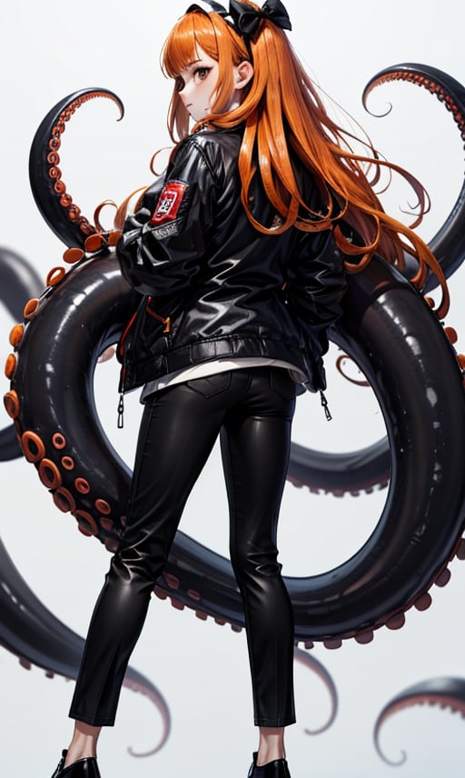 1girl, solo, long hair, simple background, long sleeves, white background, bow, standing, jacket, full body, hair bow, hairband, shoes, pants, from behind, black footwear, orange hair, black jacket, black pants, crossed arms, white bow, tentacles, tentacle hair, octopus