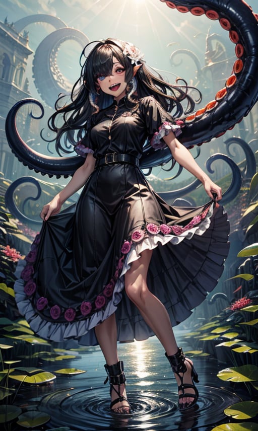 1girl, solo, long hair, breasts, looking at viewer, smile, open mouth, black hair, dress, holding, purple eyes, full body, flower, short sleeves, :d, teeth, artist name, signature, hair over one eye, black dress, fingernails, colored skin, sharp teeth, monster girl, black nails, tentacles, *(tentacle hair:1.2), one eye covered, sharp fingernails, grey skin, lily pad