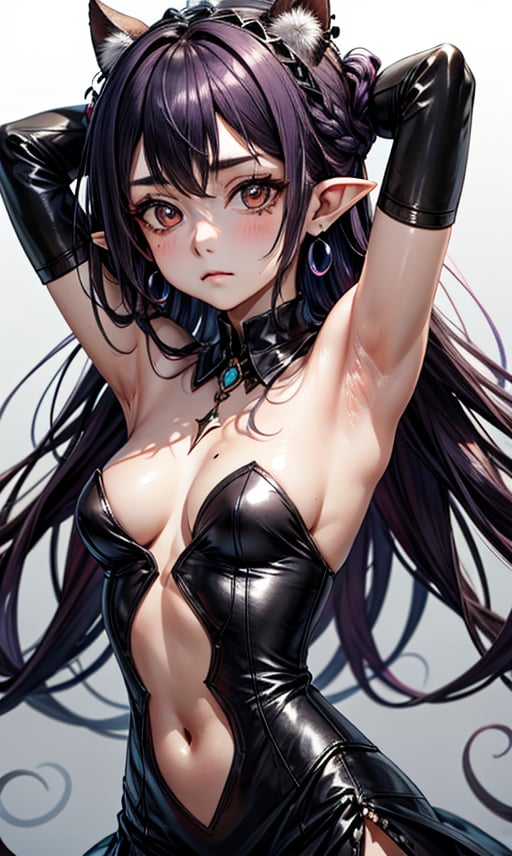 1girl, solo, long hair, breasts, looking at viewer, blush, simple background, black hair, gloves, white background, dress, brown eyes, jewelry, closed mouth, upper body, purple hair, multicolored hair, earrings, small breasts, food, pointy ears, white gloves, armpits, mole, black dress, arms up, symbol-shaped pupils, mole under eye, strapless, gradient hair, detached collar, +_+, tentacle hair, object on head, jumpsuit, food on head