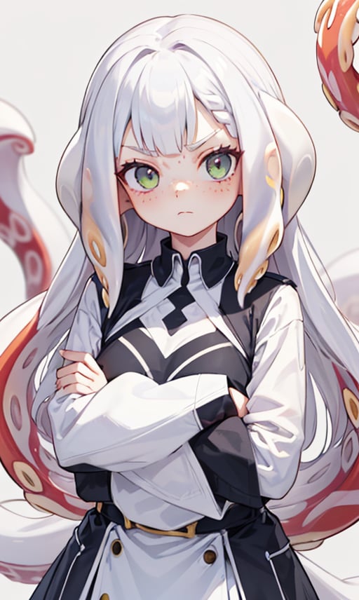 solo, long hair, looking at viewer, simple background, long sleeves, 1girl, white background, closed mouth, green eyes, upper body, white, pointy ears, fingernails, crossed arms, slit pupils, freckles, sharp fingernails, (white tentacle:1.6), (white tentacle hair:1.6), (white tentacles hair:1.2)