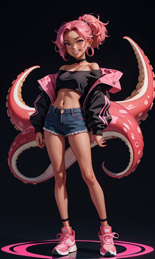 1girl, long hair, looking at viewer, smile, long sleeves, navel, jewelry, standing, jacket, full body, pink hair, earrings, shoes, teeth, pointy ears, midriff, dark skin, pink eyes, off shoulder, grin, character name, open jacket, dark-skinned female, black jacket, crop top, black background, sneakers, tentacle hair