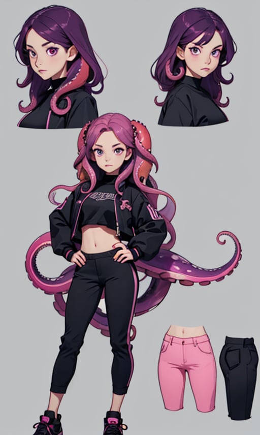 1girl, long hair, looking at viewer, shirt, long sleeves, navel, jacket, full body, pink hair, purple hair, shoes, midriff, pants, pink eyes, black footwear, crop top, hand on hip, black shirt, multiple views, black pants, letterboxed, monster girl, sneakers, tentacles, tentacle hair, reference sheet, suction cups