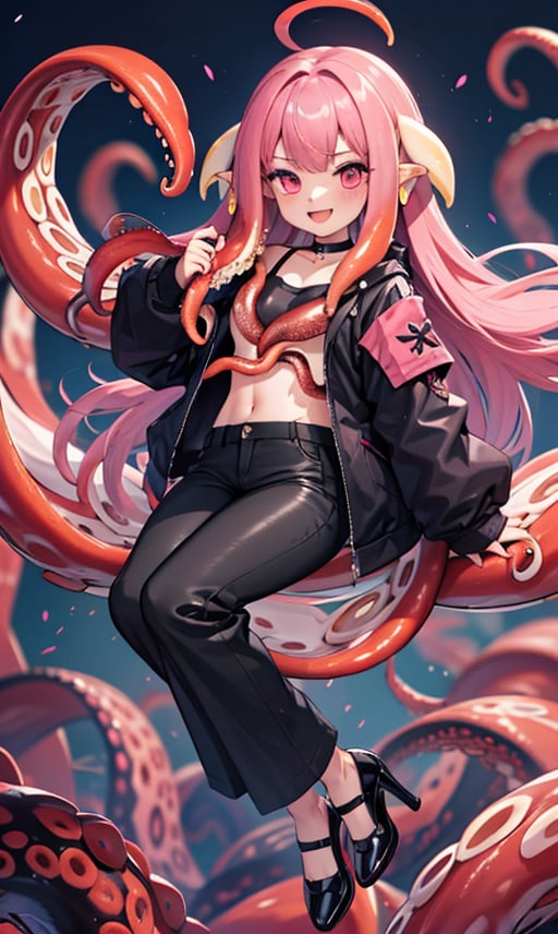 1girl, looking at viewer, smile, open mouth, long sleeves, jacket, full body, pink hair, choker, pants, pink eyes, black footwear, high heels, sleeves past wrists, black pants, monster girl, tentacles, tentacle hair, pink skin, (tentacle hair:1.6)