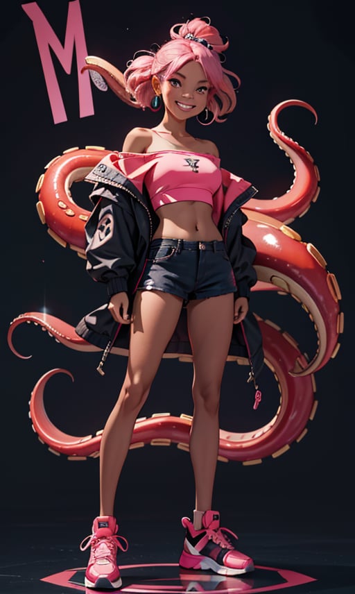 1girl, long hair, looking at viewer, smile, long sleeves, navel, jewelry, standing, jacket, full body, pink hair, earrings, shoes, teeth, pointy ears, midriff, dark skin, pink eyes, off shoulder, grin, character name, open jacket, dark-skinned female, black jacket, crop top, black background, sneakers, tentacle hair