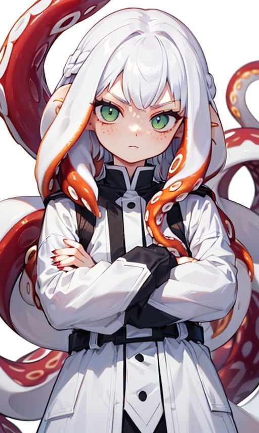 solo, long hair, looking at viewer, simple background, long sleeves, 1boy, white background, closed mouth, green eyes, upper body, white, male focus, pointy ears, fingernails, crossed arms, slit pupils, freckles, snake, sharp fingernails, (white tentacle:1.6), (white tentacle hair:1.6), (white tentacles hair:1.2)