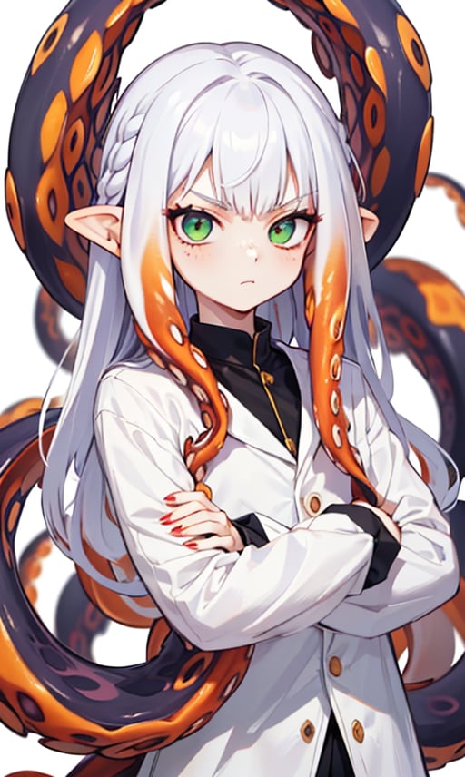 solo, long hair, looking at viewer, simple background, long sleeves, 1boy, white background, closed mouth, green eyes, upper body, white, male focus, pointy ears, fingernails, crossed arms, slit pupils, freckles, snake, sharp fingernails, (white tentacle hair:1.6), (tentacle hair:1.6), (tentacle hair:1.2)