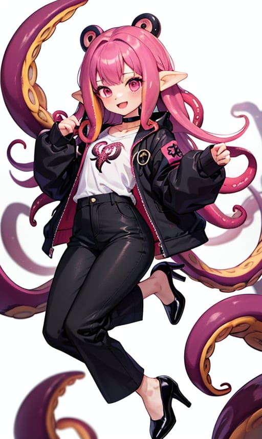 1girl, looking at viewer, smile, open mouth, long sleeves, jacket, full body, pink hair, choker, pants, pink eyes, black footwear, high heels, sleeves past wrists, black pants, monster girl, tentacles, tentacle hair, pink skin, (tentacle hair:1.6)