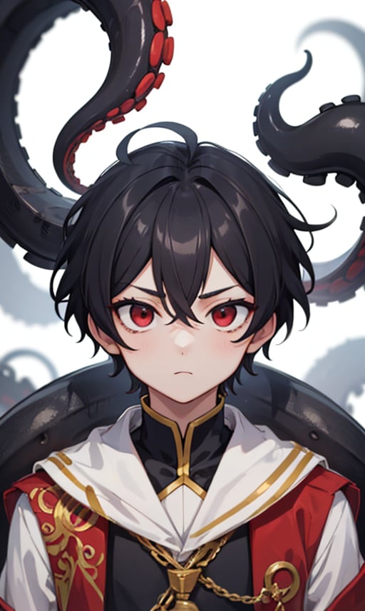 solo, looking at viewer, short hair, simple background, black hair, red eyes, 1boy, white background, hair between eyes, upper body, male focus, tentacles, wide-eyed, suction cups
