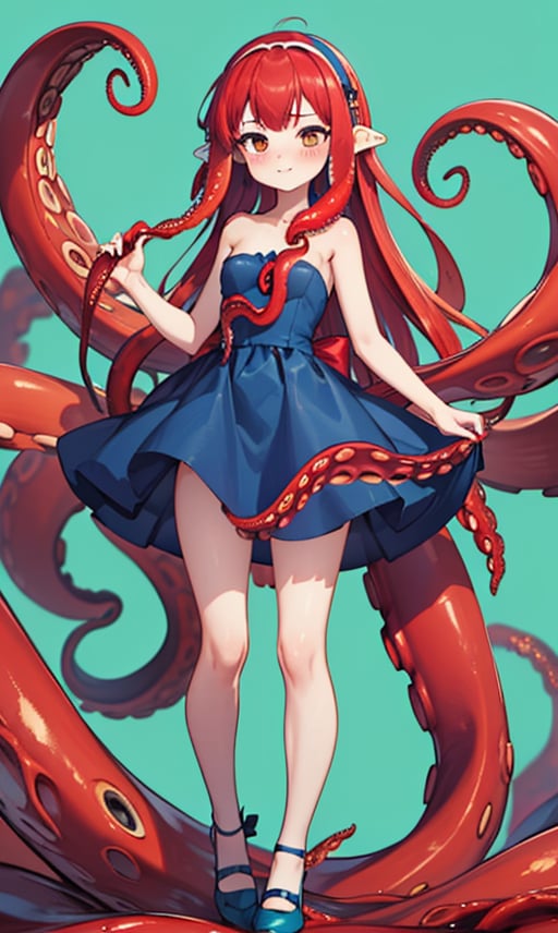 1girl, solo, long hair, blush, simple background, dress, bow, standing, full body, hairband, shoes, strapless, blue dress, colored skin, monster girl, strapless dress, red tentacles, green background, blue footwear, red tentacle hair, suction cups, (red tentacle:1.6), (red tentacle hair:1.6), (red tentacles hair:1.2)