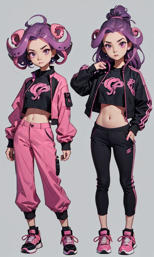 1girl, long hair, looking at viewer, shirt, long sleeves, navel, jacket, full body, pink hair, purple hair, shoes, midriff, pants, pink eyes, black footwear, crop top, hand on hip, black shirt, multiple views, black pants, letterboxed, monster girl, sneakers, tentacles, tentacle hair, reference sheet, suction cups