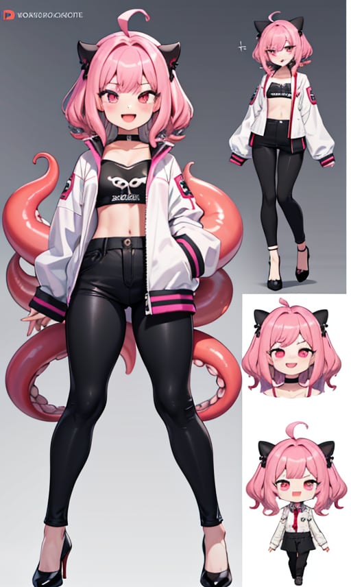 1girl, looking at viewer, smile, open mouth, long sleeves, jacket, full body, pink hair, choker, pants, pink eyes, black footwear, high heels, sleeves past wrists, multiple views, black pants, monster girl, tentacles, tentacle hair, pink skin