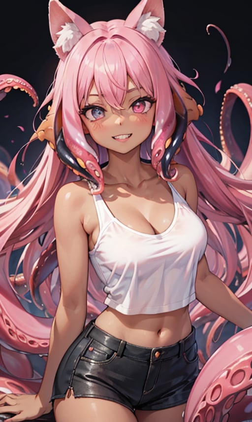 1girl, solo, long hair, breasts, looking at viewer, smile, blue eyes, simple background, animal ears, cleavage, hair between eyes, purple eyes, collarbone, pink hair, teeth, signature, dark skin, grin, dark-skinned female, lips, symbol-shaped pupils, heterochromia, sharp teeth, monster girl, black background, dog ears, tentacles, 

(pink tentacle hair:1.6)