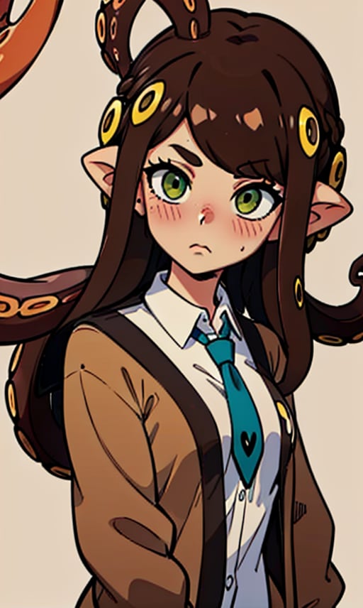 1girl, long hair, blush, simple background, brown hair, shirt, long sleeves,school uniform, green eyes, white shirt, green hair, necktie, serafuku, collared shirt, sailor collar, looking at another,  cardigan, monster girl, yellow background, black necktie, tentacles, (brown tentacle, brown tentacle hair, brown tentacles:1.7), (hair tips tentacles:1.3)