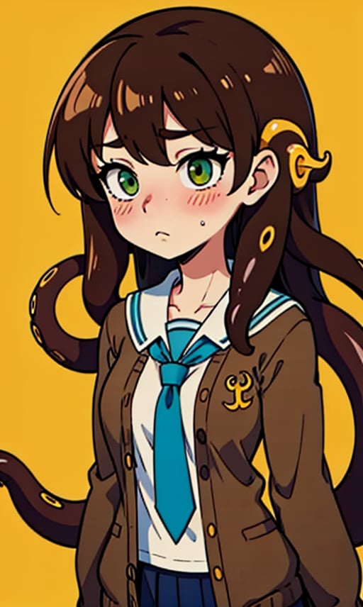 1girl, long hair, blush, simple background, brown hair, shirt, long sleeves,school uniform, green eyes, white shirt, green hair, necktie, serafuku, collared shirt, sailor collar, looking at another,  cardigan, monster girl, yellow background, black necktie, tentacles, (brown tentacle, brown tentacle hair, brown tentacles:1.3)