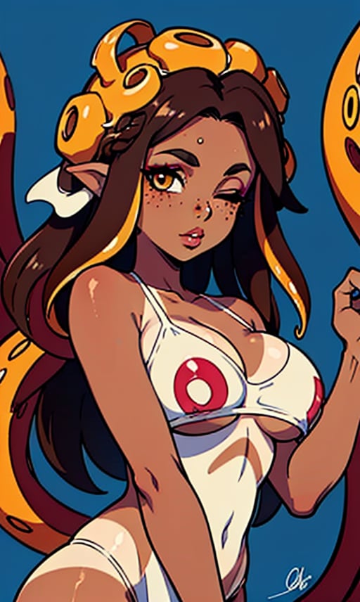 1girl, solo, long hair, breasts, looking at viewer, large breasts, simple background, upper body, one eye closed, signature, dark skin, orange hair, dark-skinned female, lips, makeup, blue background, tan, monster girl, tentacles, eyeshadow, freckles, tanlines, outline, tentacle hair, pasties, bikini tan, octopus, star pasties


(brown tentacle, brown tentacle hair, brown tentacles:1.7), (hair tips tentacles:1.3)