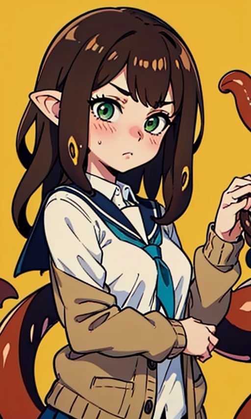 1girl, long hair, blush, simple background, brown hair, shirt, long sleeves,school uniform, green eyes, white shirt, green hair, necktie, serafuku, collared shirt, sailor collar, looking at another,  cardigan, monster girl, yellow background, black necktie, tentacles, (brown tentacle, brown tentacle hair, brown tentacles:1.3)