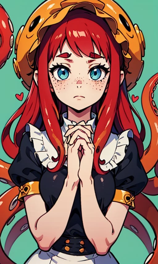 1girl, solo, long hair, looking at viewer, blue eyes, dress, closed mouth, upper body, short sleeves, heart, red hair, puffy sleeves, puffy short sleeves, own hands together, monster girl, interlocked fingers, tentacles, freckles, green background, tentacle hair, own hands clasped, bonnet, suction cups